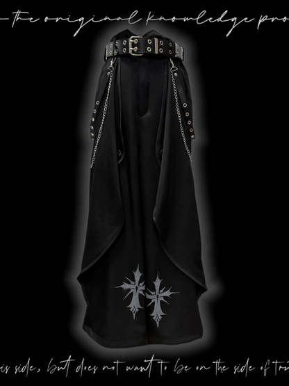 Black Cross Print Asymmetrical Hem Wide-Leg Pants