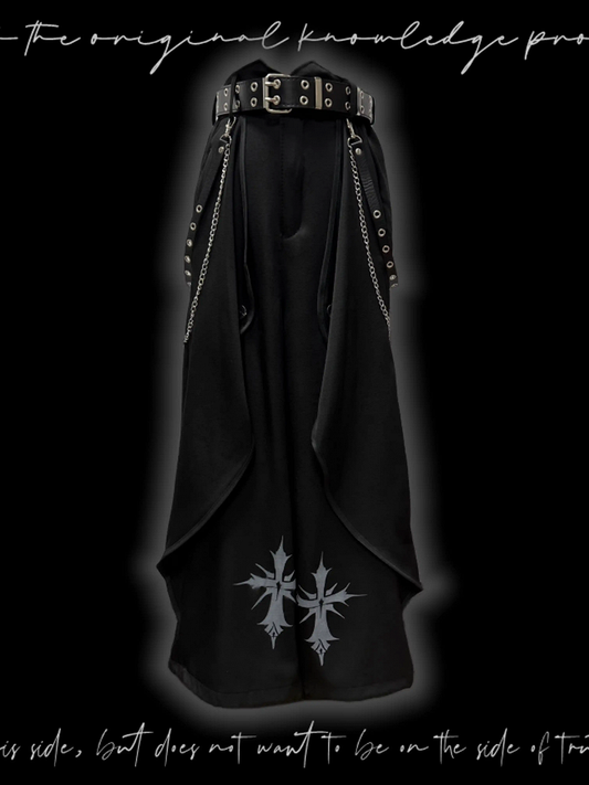 Black Cross Print Asymmetrical Hem Wide-Leg Pants