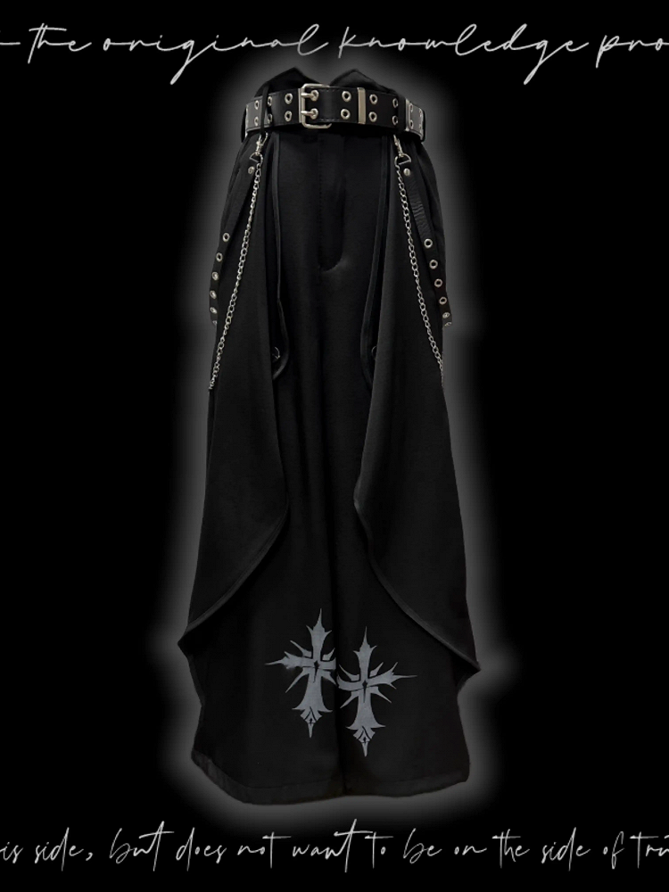 Black Cross Print Asymmetrical Hem Wide-Leg Pants
