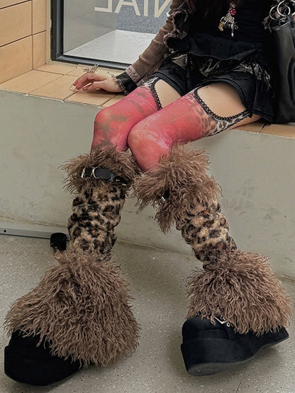 Brown Leopard Stud Buckle Straps Shaggy Leg Warmers