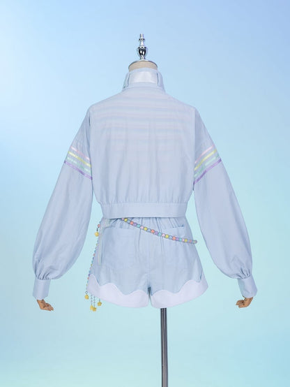 Buckle Strap High Collar Blue Moto Jacket with Lightning Wing Patch Rainbow Dash Vibes