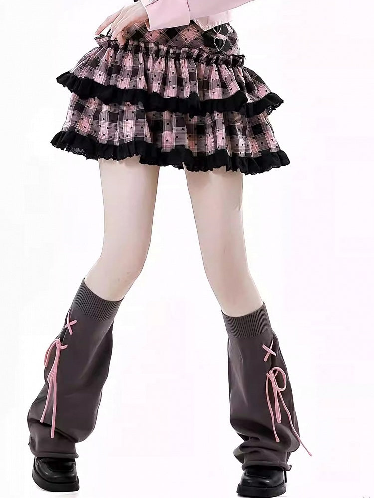 Contrast Pink Lace-up Detail Dark Gray 46CM Leg Warmers