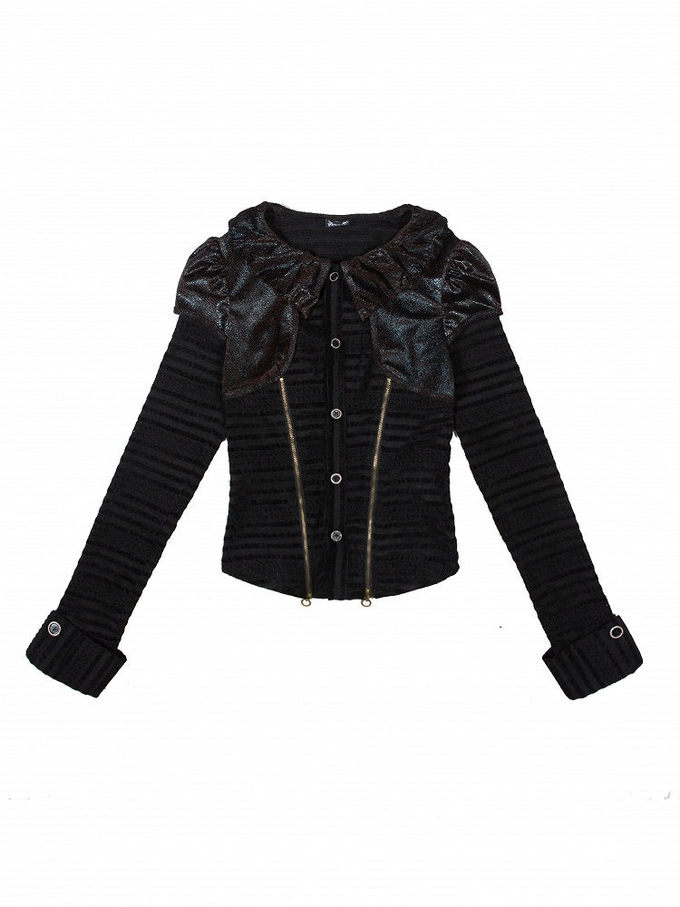 Black Punk Ruffled Puff Collar Blouse with Dotted Eyelet Fabric & Front Side Zippers