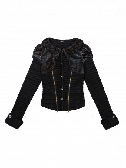 Black Punk Ruffled Puff Collar Blouse with Dotted Eyelet Fabric & Front Side Zippers
