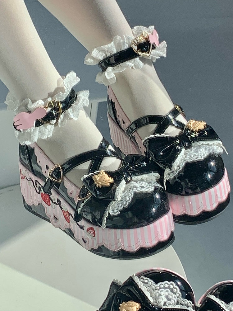 Berry-themed Details, Striped Scalloped Edging & Delicate Bow PU Black Platform Shoes in Sweet Lolita