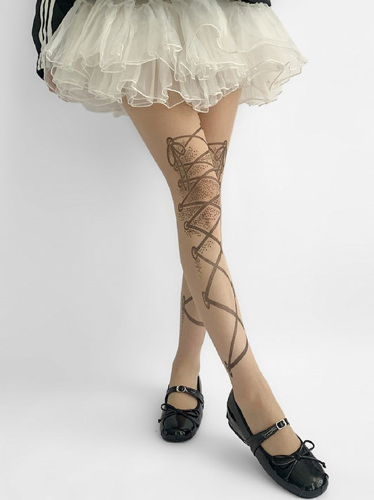Nude Lace-up Straps Print Tights