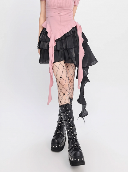 Black Elastic Waist Cascading Ruffles Tiered Mesh Skirt