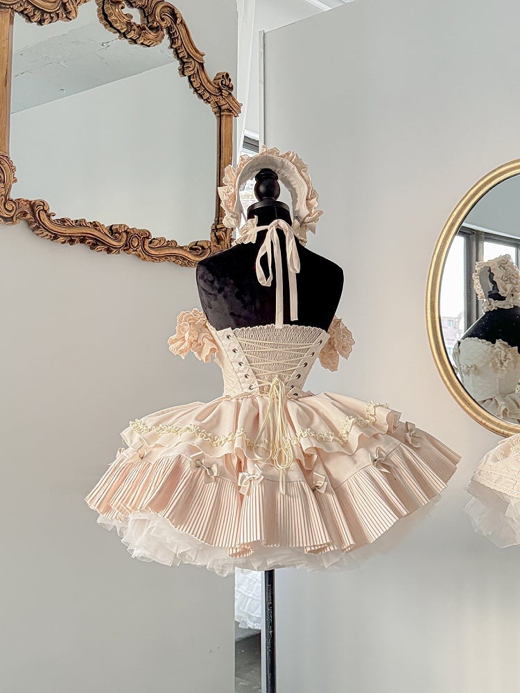 Cream-colored Sweet Lolita Diamond Pattern Corset Top + Skirt + Choker + Wrist Cuffs + KC Full Set