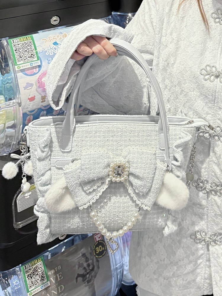 White Triple-Carry Handbag with Ruffles Trim in Elegant Lolita - Beaded And Rhinestone Heart Charm & Plush Bunny Ear Bow