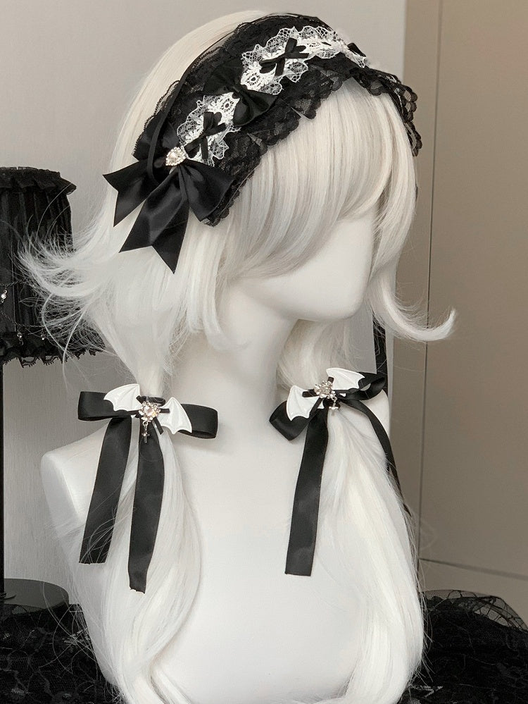Black/White/Pink Rhinestone Decorated Bat Wing Design Bowknot Hair Ties