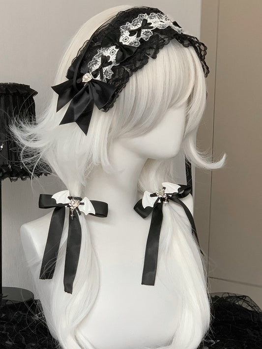 Black/White/Pink Rhinestone Decorated Bat Wing Design Bowknot Hair Ties