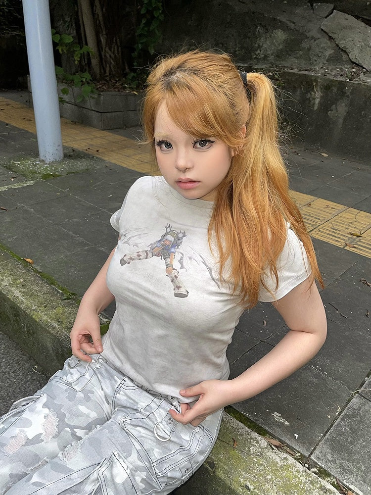 White/Gray Cyberpunk Graphic T-shirt