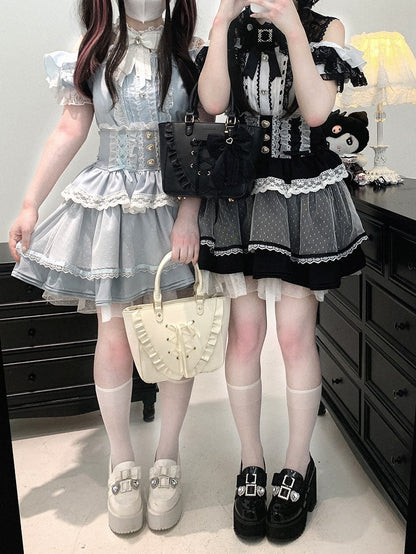 Jirai Kei Black/White/Red/Light Blue Open Shoulder Sweetheart Buttons Lace Trim Blouse