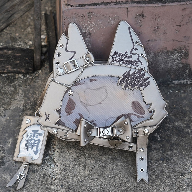 Kitty Ear Design Bowknot Studs Detail Gray PU Tote Bag Ita Bag with Free Card Holder