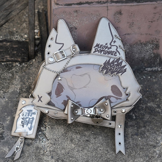 Kitty Ear Design Bowknot Studs Detail Gray PU Tote Bag Ita Bag with Free Card Holder