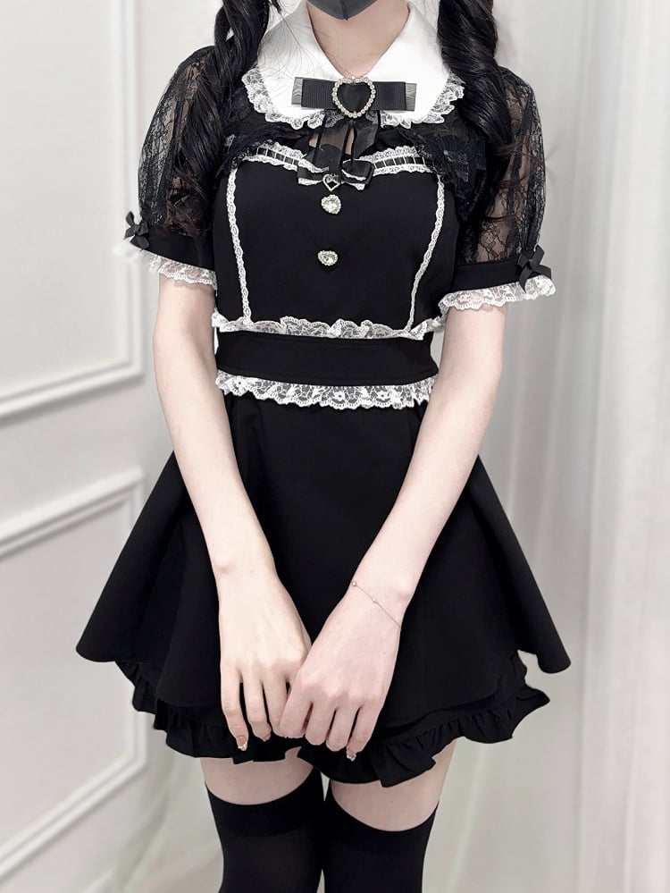 Black Jirai Kei Set -Shirt Collar Sweetheart Rhinestone Decoration Lace Shawl Top + Shorts + Bowtie