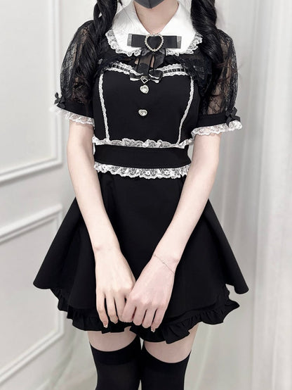 Black Jirai Kei Set -Shirt Collar Sweetheart Rhinestone Decoration Lace Shawl Top + Shorts + Bowtie