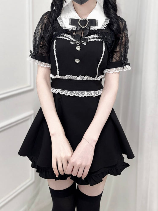 Black Jirai Kei Set -Shirt Collar Sweetheart Rhinestone Decoration Lace Shawl Top + Shorts + Bowtie