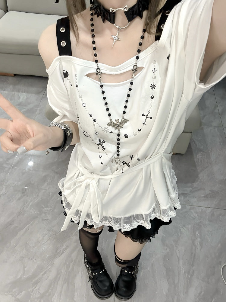 White Off-the-shoulder Neckline Cross Chains Print Lace Trim T-shirt Self-tie Straps at Waist