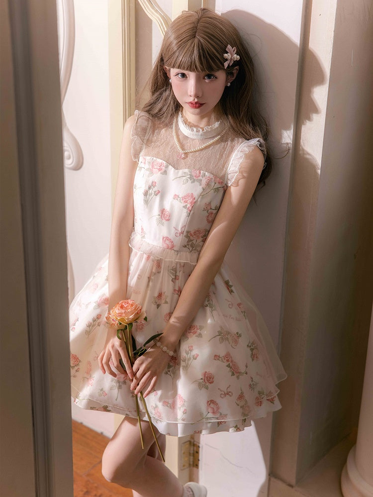 Pink Rosette Print White Illusion Neckline Summer Lolita Dress