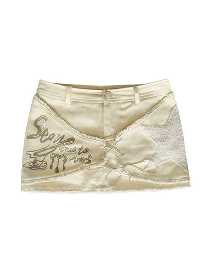 Fleece Star Patch Beige Asymmetrical Skort Frayed Hem