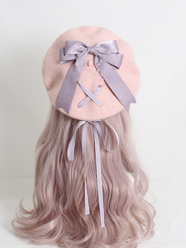 Sweet Lolita Pink Beret With 4-Color Optional Bowknot Ribbon