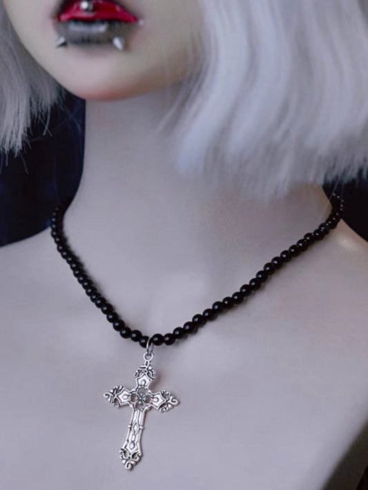 Silver Cross Pendant Gothic Black Beads Necklace