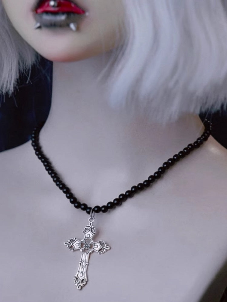 Silver Cross Pendant Gothic Black Beads Necklace