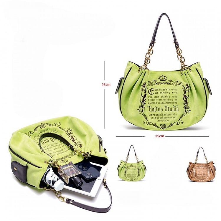 Vintage Green Gothic Lettering Embroidered Tote Bag with Chain Strap