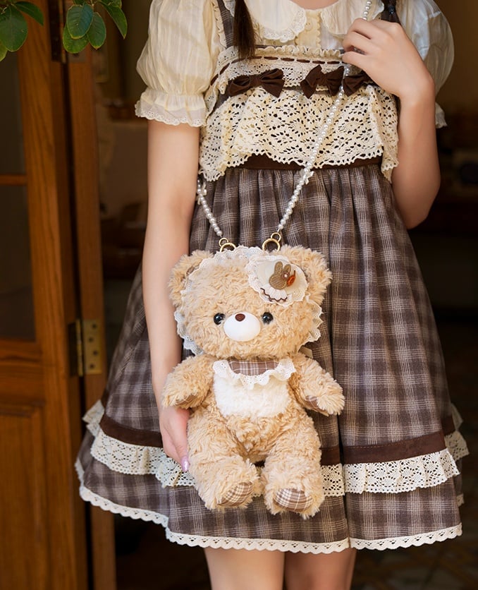 Interchangeable Strap Kawaii Plush Bear Crossbody Bag With Artificial Pearl Strap Option