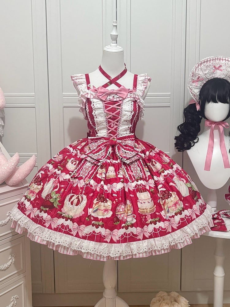 Bows and Strawberry Dessert Print Red Sweet Lolita Jumper Skirt