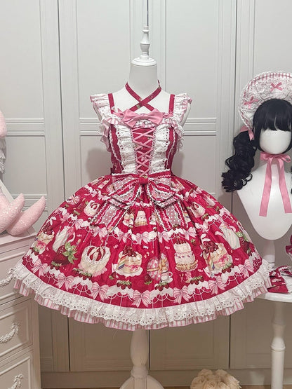 Bows and Strawberry Dessert Print Red Sweet Lolita Jumper Skirt