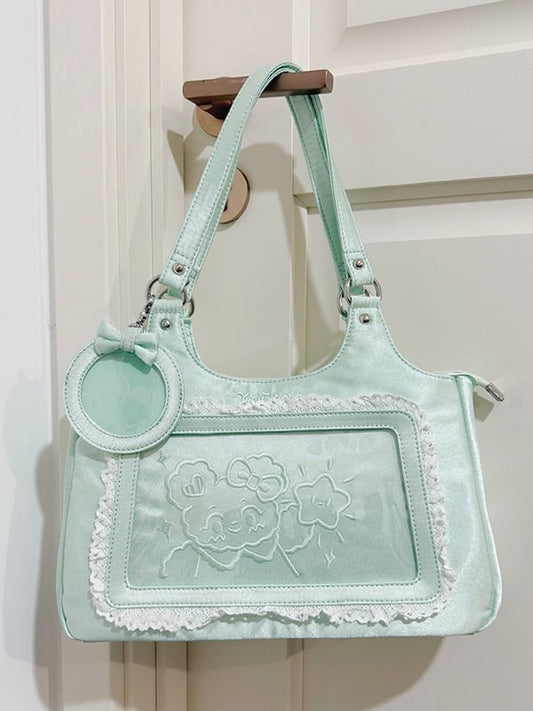 Green Satin Lace Trim Daily Ita bag with Card Holder Charm