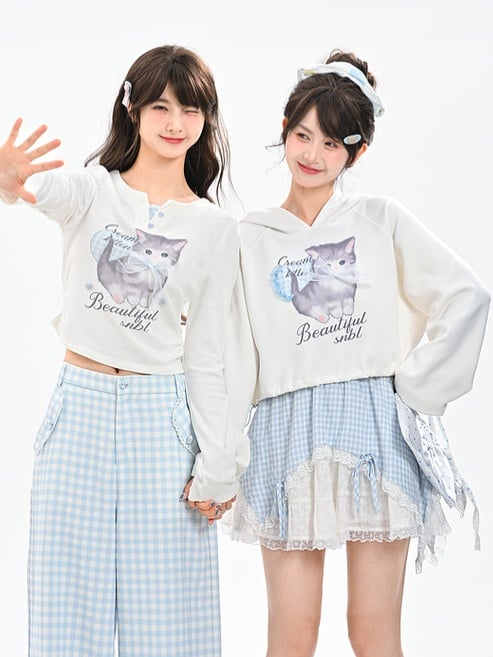 Adorable Cartoon Kitty Print Sweetheart Button Details White Faux Two-pieces Top