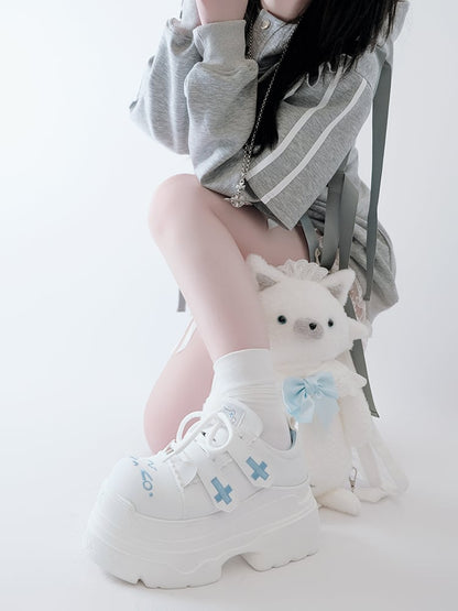 Yami Kawaii Matte White Cross Velcro Strap Kitty Ears Design Platform Shoes