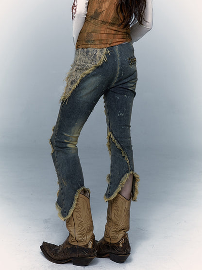 Lace-up Detail Blue Distressed Holes Faded Wash Punk Jeans Raw Hem