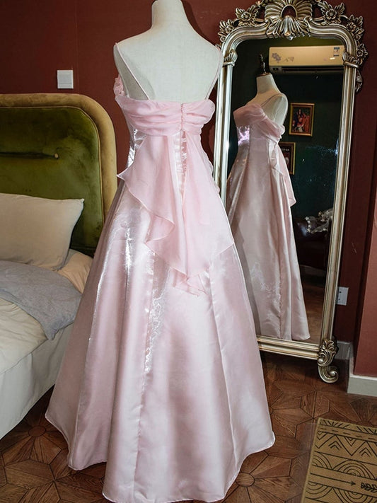 Pink Vintage Fairycore Shimmering Satin Spaghetti Straps Gown Princess Dress