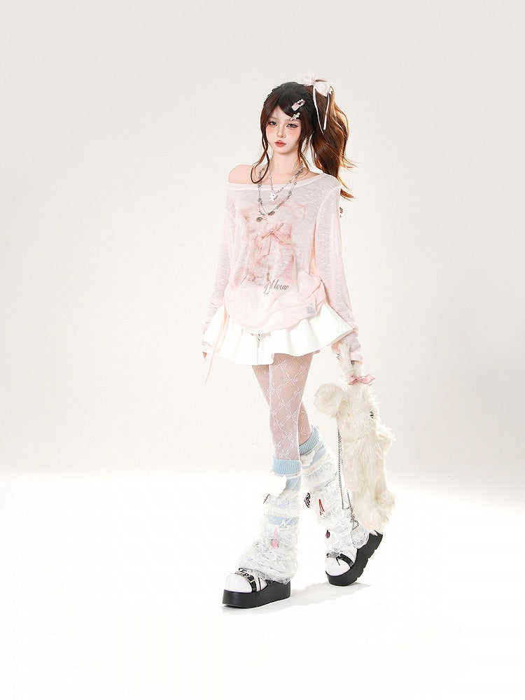 Adorable Kitten Print Asymmetrical Neckline Pink Semi-sheer Coverup