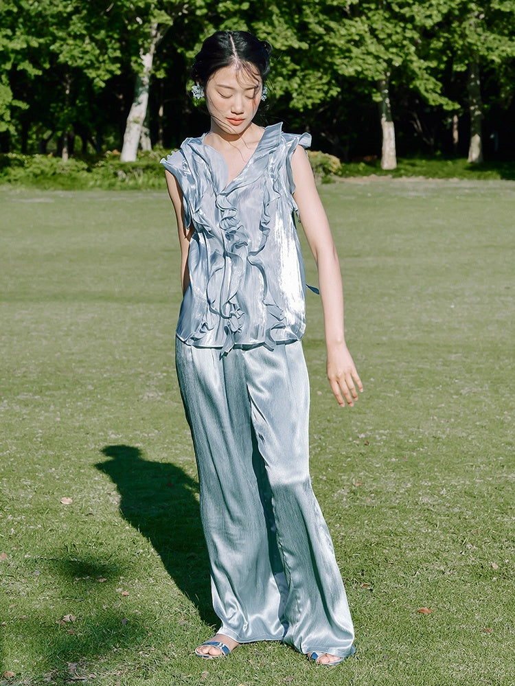 Vintage Blue Moon Light Cascading Ruffle Accents Top/Straight-leg Cut Pants