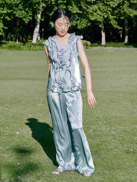 Vintage Blue Moon Light Cascading Ruffle Accents Top/Straight-leg Cut Pants