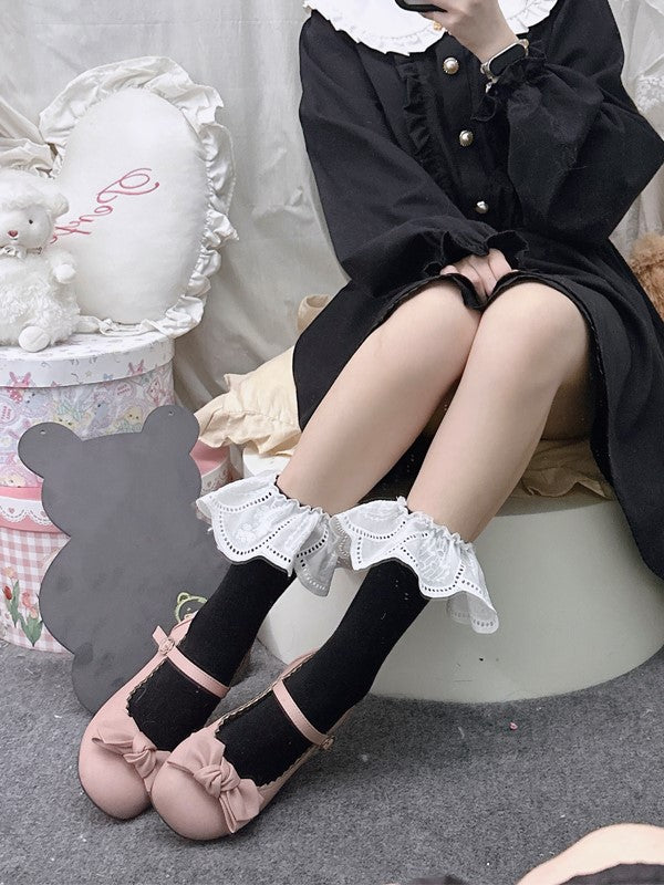 Black/White Calf Socks With Floral Embroidery Cuffs