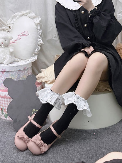 Black/White Calf Socks With Floral Embroidery Cuffs