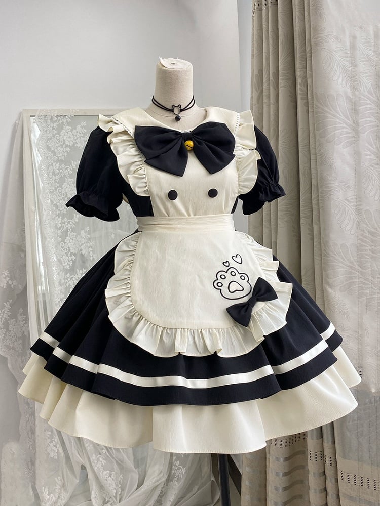 Black and White Sweet Maid Lolita Kitty Paw Embroidery Apron Dress