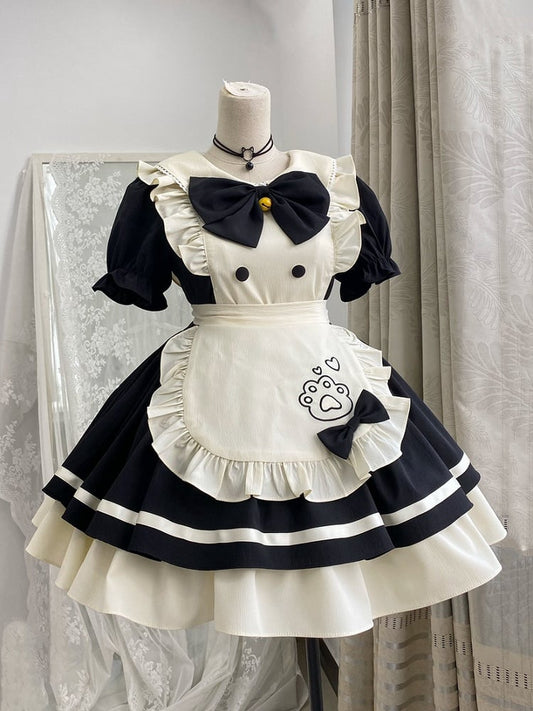 Black and White Sweet Maid Lolita Kitty Paw Embroidery Apron Dress