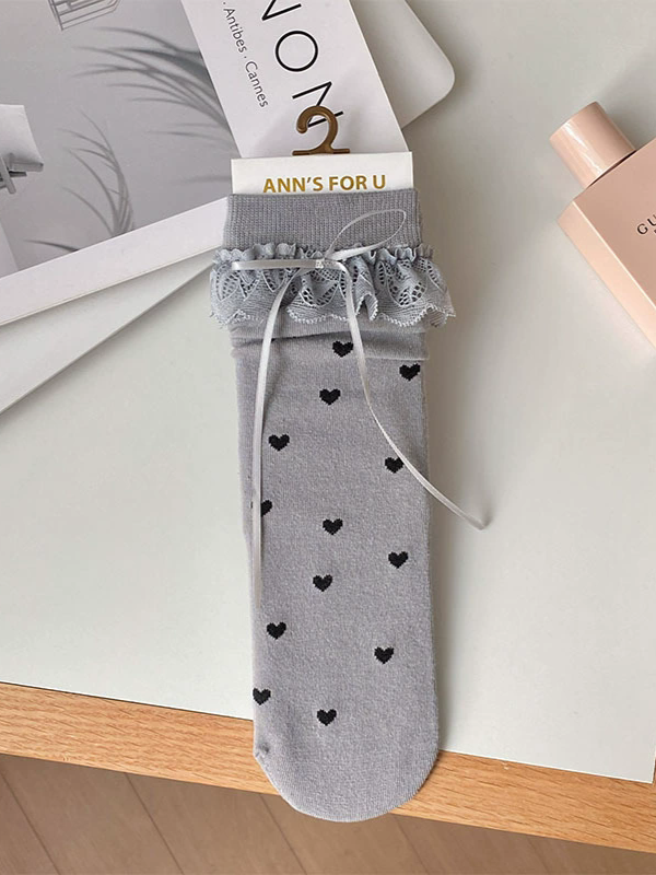 Black/White/Yellow/Gray Heart Print Bowknot Details Lace Ruffled Cuffs Calf Socks
