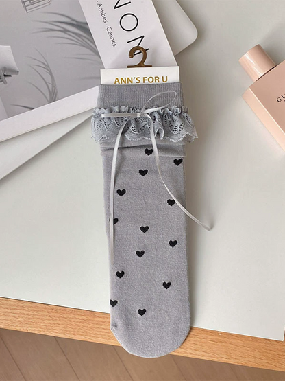 Black/White/Yellow/Gray Heart Print Bowknot Details Lace Ruffled Cuffs Calf Socks