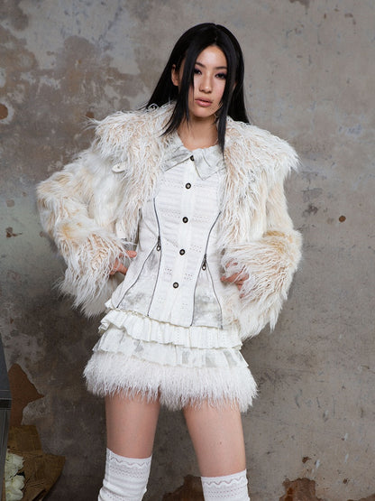 White Punk Tiered A-Line Skirt with Elastic Waist & Faux Fur Trim
