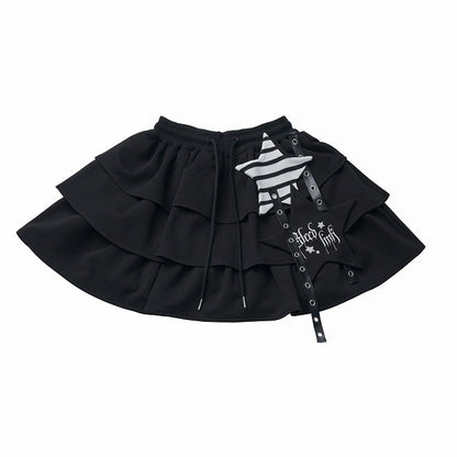 Black Tiered Drawstring Skirt with Strap and Star Applique Accents