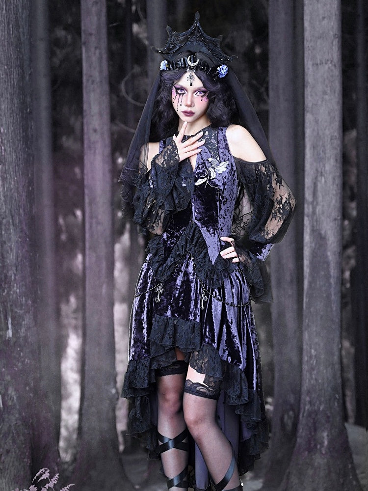 Gothic Velvet Embroidered Open Shoulder Top Double Layered Lace Hem