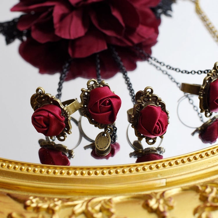 Gothic Lolita Wine Red Rosette Bracelet with Chain